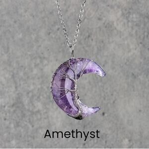Amethyst Tree of Life Crescent Moon Boho Silver Necklace